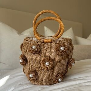 Tan straw Bag with Pearl Accents